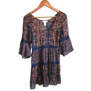 Band Of Gypsies Blouse Womens XS Mixed Floral Print Semi-Sheer Bell Sleeves